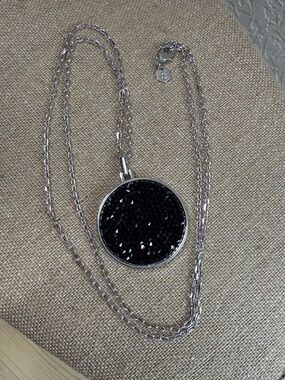 TC Silver-Tone Necklace with Black Crystal Round Pendant